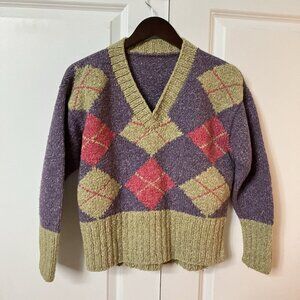 Vintage Las Americas Hand Knit V-neck Argyle Wool Cotton Sweater Preppy Y2K Crop
